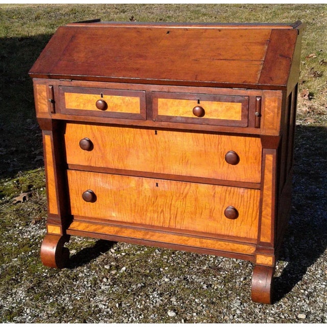 1850s Antique 2 Piece Cherry Curly Maple Slant Front Secretary Desk With Bookcase Top For Sale In Cleveland - Image 6 of 18