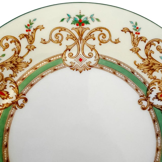 Early 20th Century Antique English Cauldon Bone China Salad Plates With Raised Enamel & Gold Scrollwork - Set of 12 For Sale - Image 5 of 8