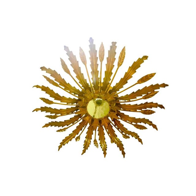 Large Spanish sunburst light in gilt metal and frosted glass,greeen ; white ; orange\.\.\.\.other color Spain, 1950s....