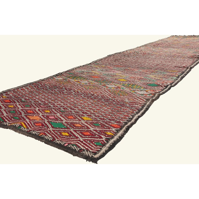 21963 Vintage Zemmour Moroccan Kilim Rug, 04'00 x 16'01. The Ancestral Lattice: A Vintage Zemmour Moroccan Masterpiece of...
