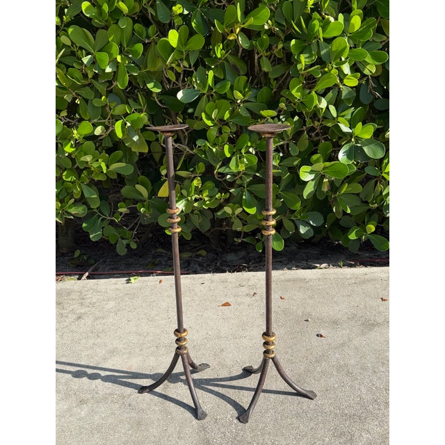 Vintage 30” Sculptural Iron Candlesticks With Aged Patina, Pair For Sale In Naples, FL - Image 6 of 12