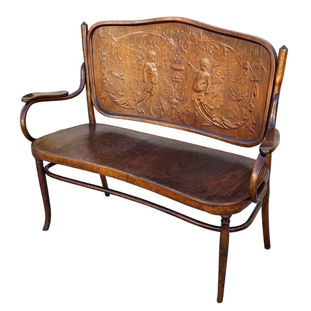 Victorian Early 20th Century Vienna Secession Bentwood Cherubs Motif Settee Bench by Jacob & Josef Kohn No 67 For Sale - Image 3 of 10