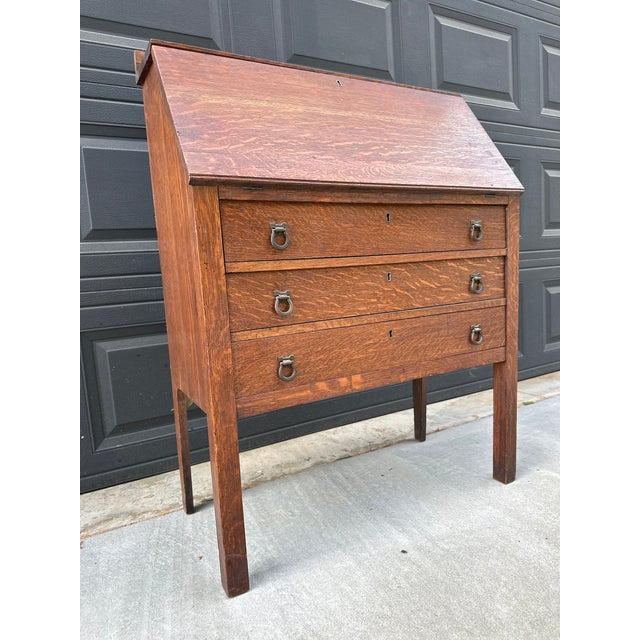 Antique Early 20th Century Quarter Sawn Oak Drop Front Secretary With Drawers - Solid Wood Accent Chest With Ring Pulls For Sale - Image 10 of 17
