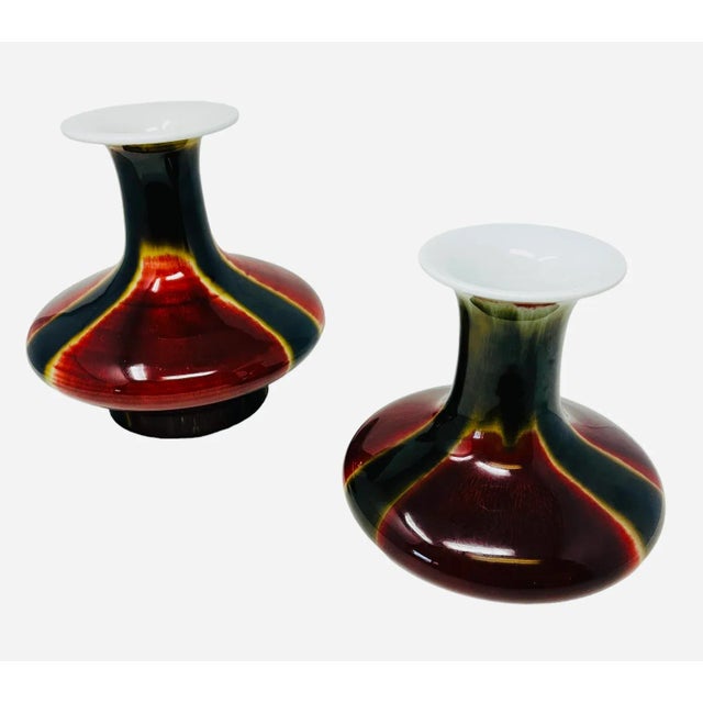 Vintage Chinese Flambé Sang De Boeuf Transmutation Glazed Craquelure Porcelain Vases a Set of 2. Large Vase L 9" W 9" H 9"...