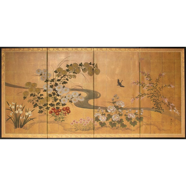 "Flowers of the Four Seasons", 1970s Showa Era Japanese Painted Byobu Screen For Sale - Image 18 of 18