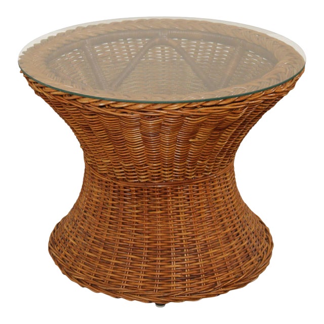1970s Round Glass Top Wicker Side Table For Sale
