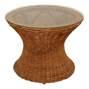 1970s Round Glass Top Wicker Side Table