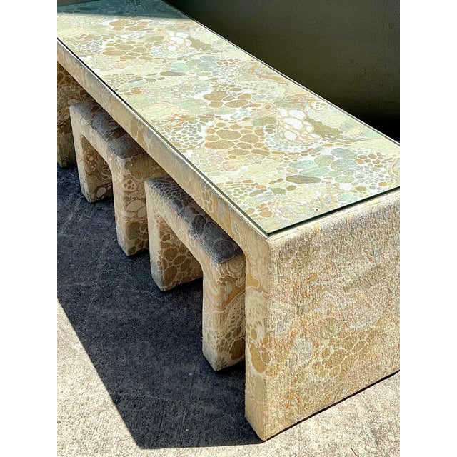 Vintage 80s Upholstered Console and Stools After Jack Lenor Larsen For Sale - Image 11 of 12