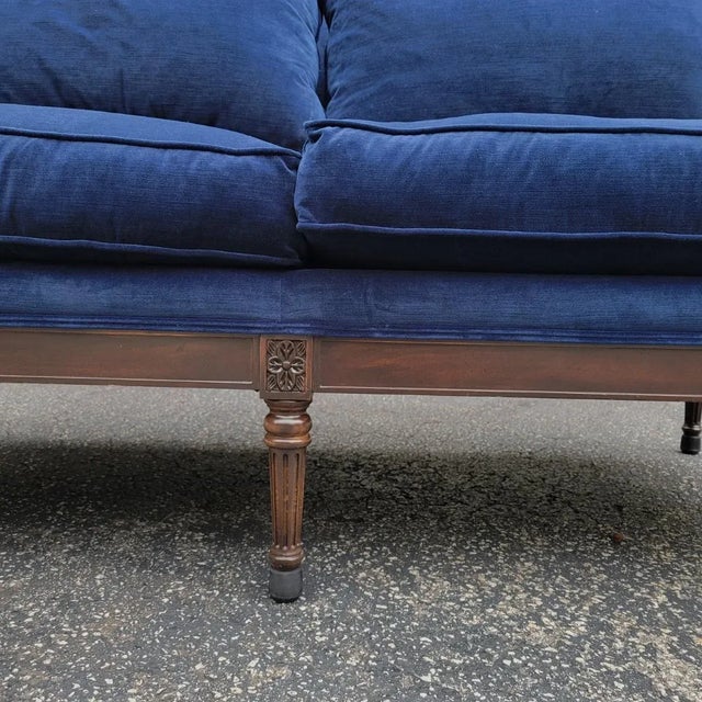 Pair of Ethan Allen Louis XVI–Style Loveseats in Blue Velvet With Carved Walnut Frames For Sale - Image 14 of 16