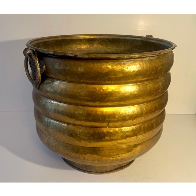 Metal Solid Brass Ribbed Jardiniere Planter with Decorative Ring Handles For Sale - Image 7 of 12
