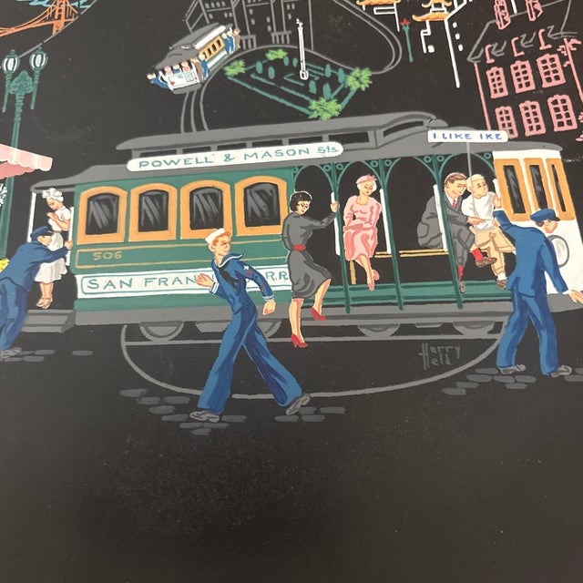 Mid century vintage collectible 1950s Flintwood or Couroc-style black serving tray or plate featuring a hand-painted scene...