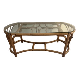 1980s Glass Top Rattan Coffee Table For Sale