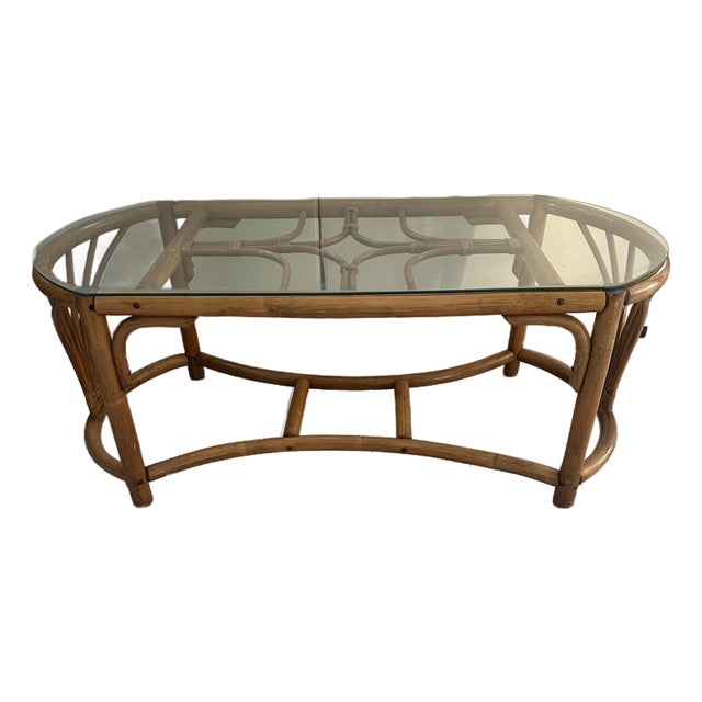 1980s Glass Top Rattan Coffee Table For Sale