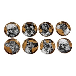 Piero Fornasetti Ceramic "Cani" Pattern Coaster Set of Eight Decorated With Dogs For Sale
