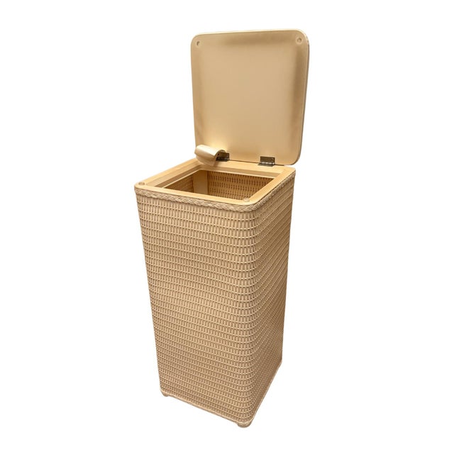 Vintage Lamont Slim Apartment Hamper Wicker-Style Vinyl Padded Top With Hinged Lid For Sale - Image 4 of 10