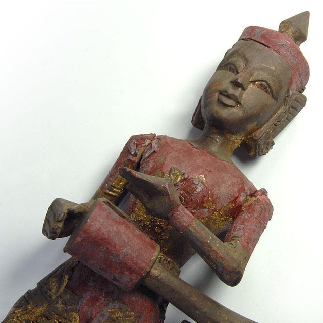 Vintage Polychrome Wood Thai Musican Figurine, 1960s For Sale - Image 3 of 11