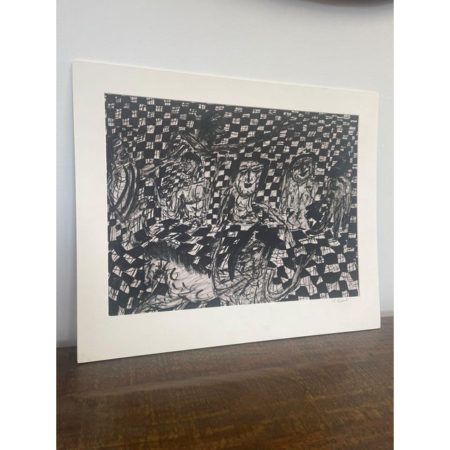 This piece appears to be drawn with marker/sharpie and depicts an abstract scene. This Piece has nice patina and...