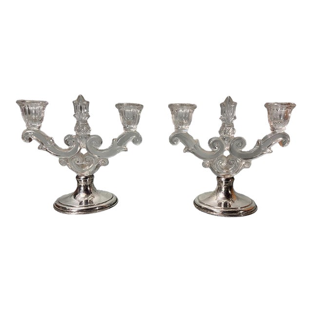 Pair of Mid 20th Century Hawkes Sterling Silver & Ornate Glass 2-Light Candelabras For Sale
