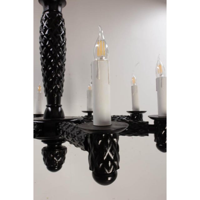 French Black Lacquered Wood Chandelier with Eight Lamps, 1940 For Sale - Image 10 of 13