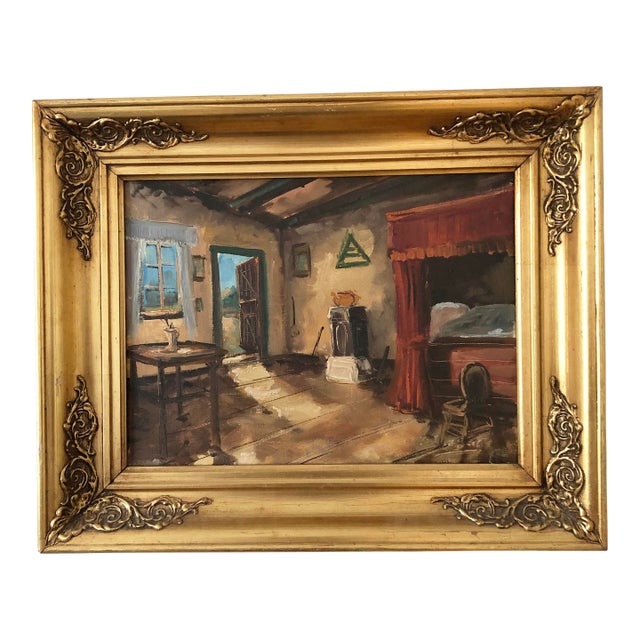 Vintage Original Cottage Interior Oil Painting: Framed Farmhouse Art by Bjarne Landberg For Sale
