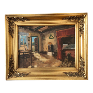 Vintage Original Cottage Interior Oil Painting: Framed Farmhouse Art by Bjarne Landberg