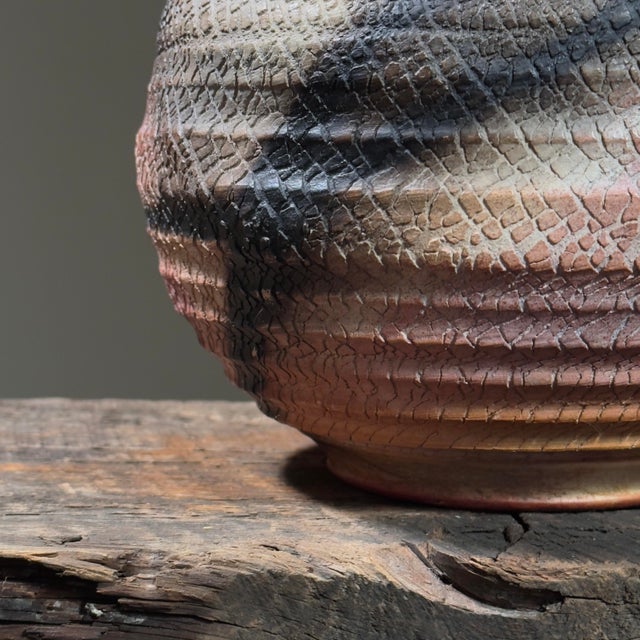 Mauve Vintage Postmodern Raku Fired Crackle Skin Ceramic Vessel, Signed For Sale - Image 8 of 11