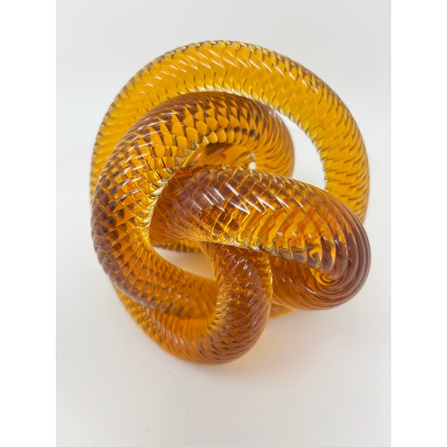 Signed Amber & Cognac Art Glass Infinity Knot Sculpture, Serpentine Texture For Sale - Image 16 of 17