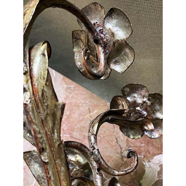 Mid 20th Century Pair of Italian Silver Gilt Tole 4 Light Candelabra Candle Holder Lights Leaf & Swirl For Sale - Image 9 of 11