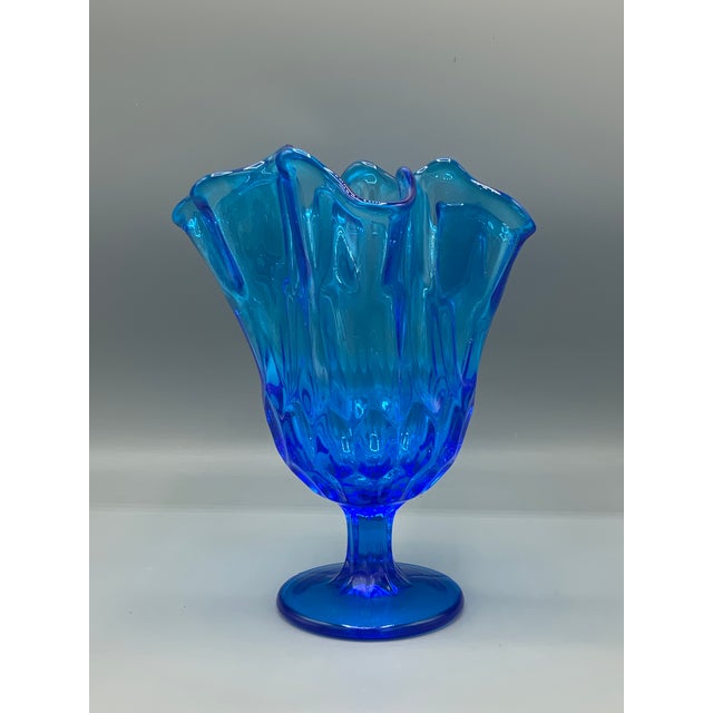 1950s Fenton Colonial Blue Thumbprint Thousand Eye Footed Handkerchief Vase For Sale In Orlando - Image 6 of 8