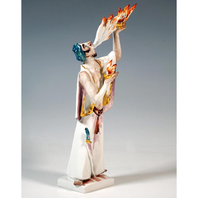 Excellent meissen porcelain figurine: bearded, barefoot acrobat in a white oriental costume – turban, wide open cape with...