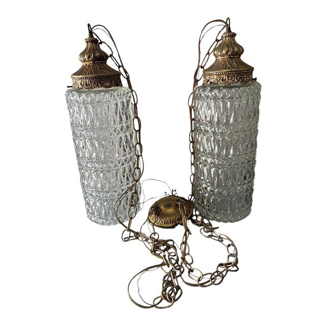 Vintage Hollywood Regency Double Swag Cut Glass Pendant Chandelier For Sale