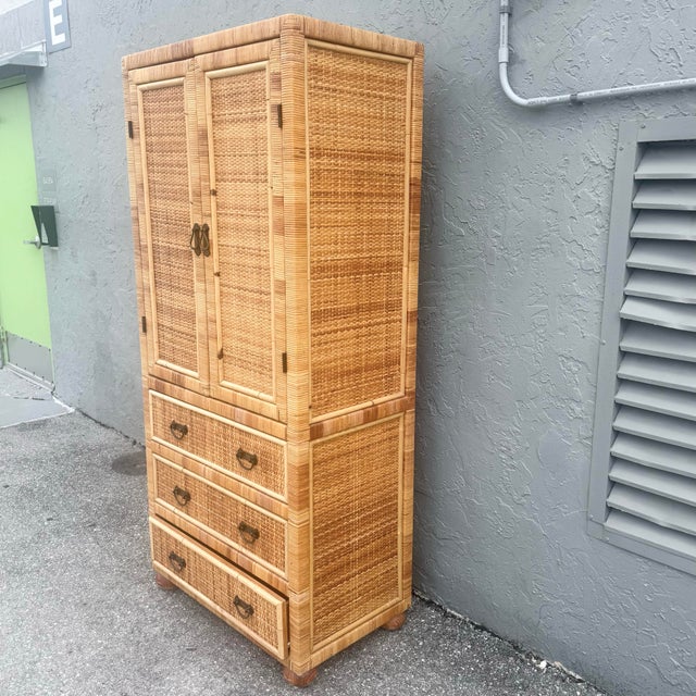 Late 20th Century Boho Chic Wicker Wrapped Rattan Armoire For Sale - Image 5 of 7