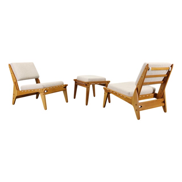 Hunting Chairs and Ottoman attributed to Uno and Östen Kristiansson, 1950s, Set of 3 For Sale