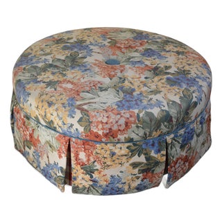 1990s Round Colorful Blue Pink Yellow Floral Cocktail Ottoman For Sale