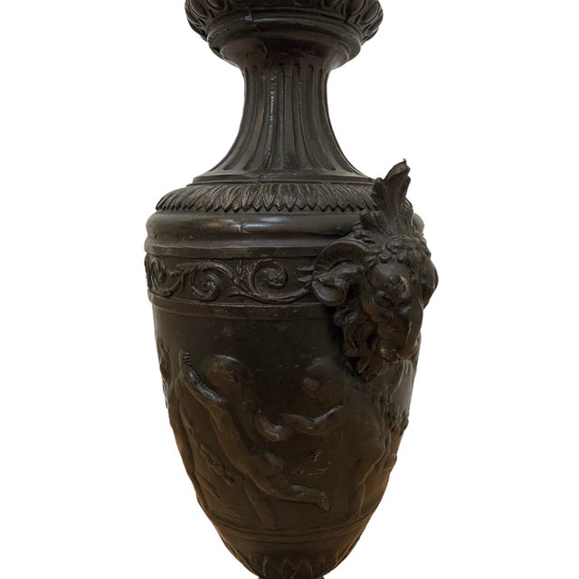 J. B. Hirsch 1940 French Black Spelter Ram Head Handles Urn For Sale - Image 4 of 8