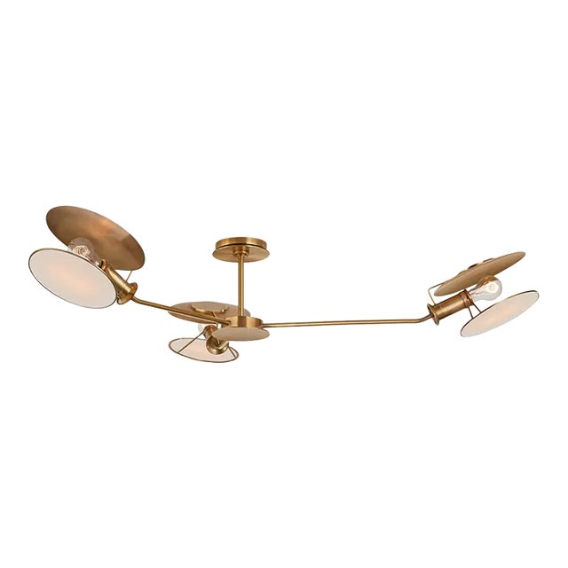 Thomas O'Brien for Visual Comfort Signature Osiris Large Asymmetric Semi-Flush Mount in Hand-Rubbed Antique Brass with Linen Diffusers For Sale