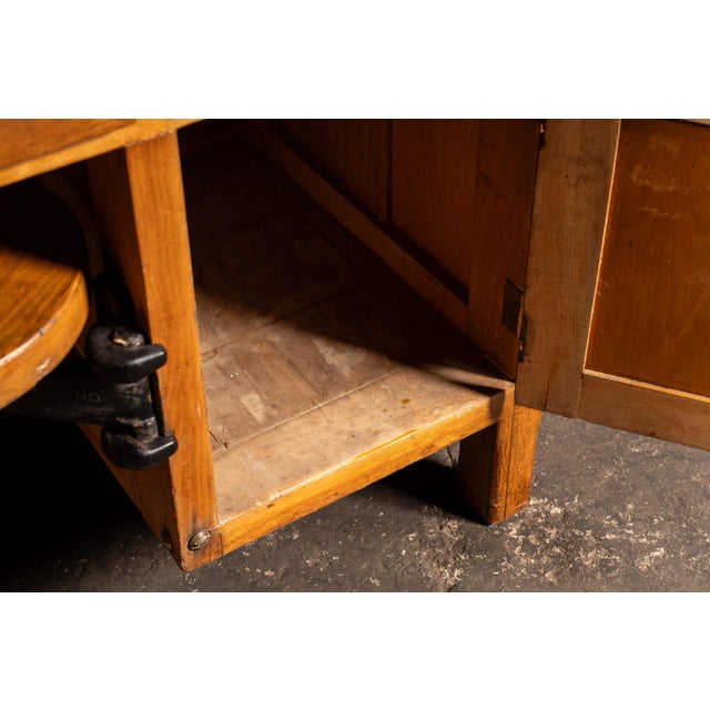 Early 20th Century Walnut Industrial Workbench With Swing-Out Stools For Sale - Image 14 of 18