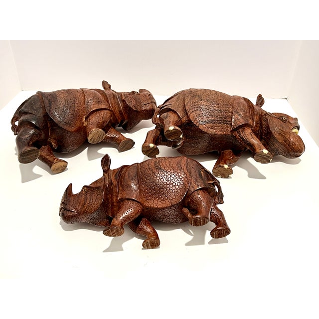 1970s Set of 3 Hand-Carved Solid Wood Rhinoceros Sculptures, Textured Hide, Inlaid Teeth and Toenails For Sale In Detroit - Image 6 of 18