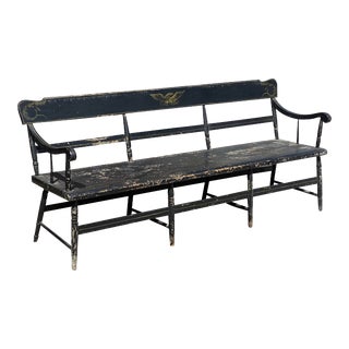 Antique Black Painted Farmhouse Bench With Painted Eagle For Sale