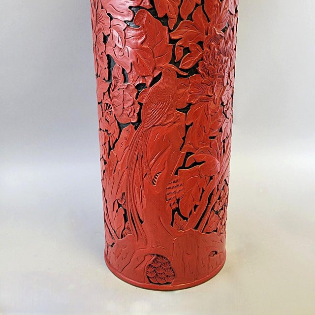 Chinoiserie Large Carved Red Cinnabar-Style Lacquer Floor Vase or Umbrella Stand, Beijing Factory For Sale - Image 3 of 17
