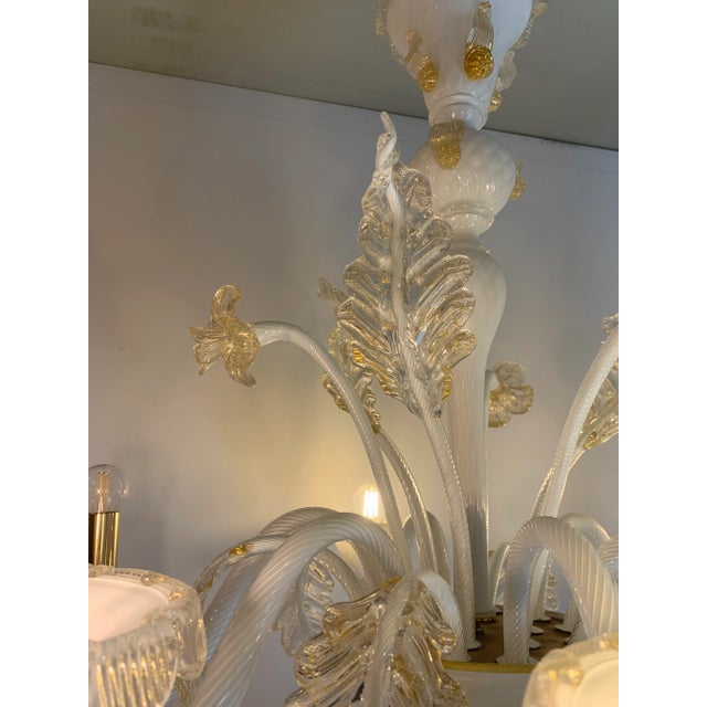 Milky and Gold Murano Glass Chandelier With Flowers and Leaves For Sale - Image 4 of 13