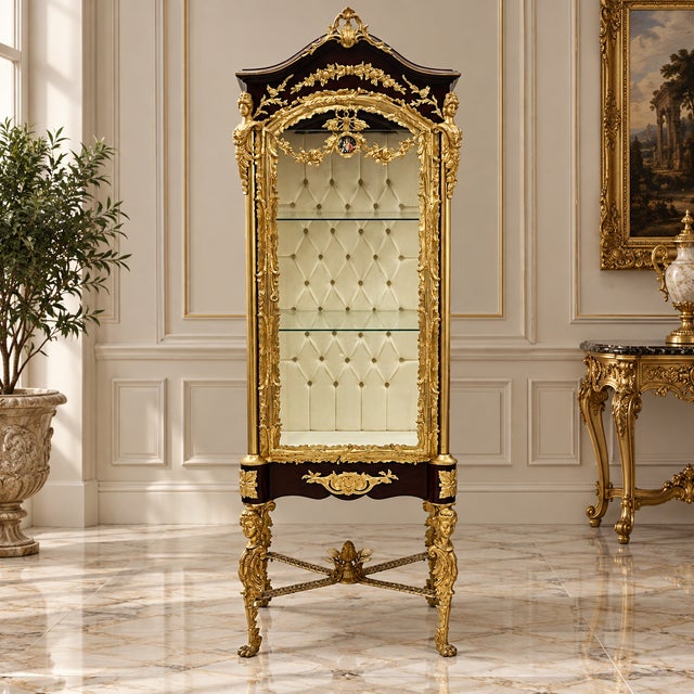 This magnificent French Louis XVI style vitrine showcases exceptional craftsmanship with its richly carved gold leaf...