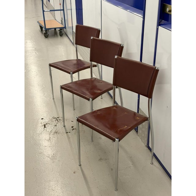 Postmodern Vintage Ginger Cognac Leather and Chrome Dining Chairs from Fasem, Italy, 1980s, Set of 3 For Sale - Image 3 of 12