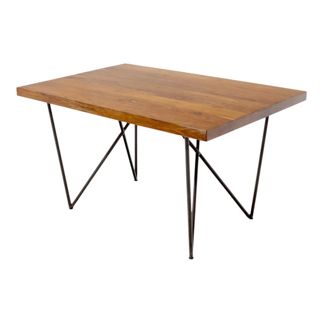 Solid Thick Teak Block Top Dining Table on Hairpin Legs For Sale