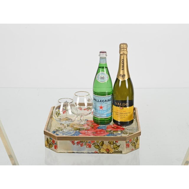 Vintage Octagonal Floral Acrylic and Brass Serving Tray by Alberto Sordi, Italy, 1970s For Sale - Image 3 of 12