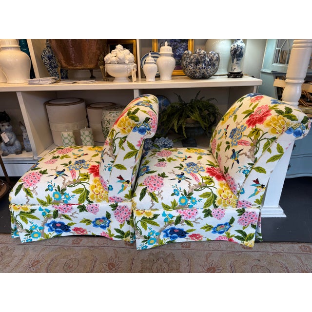This is a pair of antique Bakers furniture side chairs. They are from the 60s. They have been newly reupholstered with a...