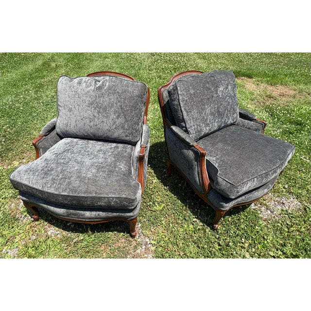 Gray Mid 20th Century Classic French Carved Walnut Bergere Club Chairs For Sale - Image 8 of 11