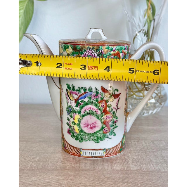 Vintage Lotus Bloom Famille Rose With Gilded Accents Hand Painted Canton-Guangcai Porcelain Chinese Tea Pot For Sale - Image 11 of 12