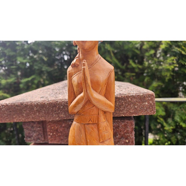 Vintage Wooden Carved Thai Woman Wai, 1970s For Sale - Image 6 of 13