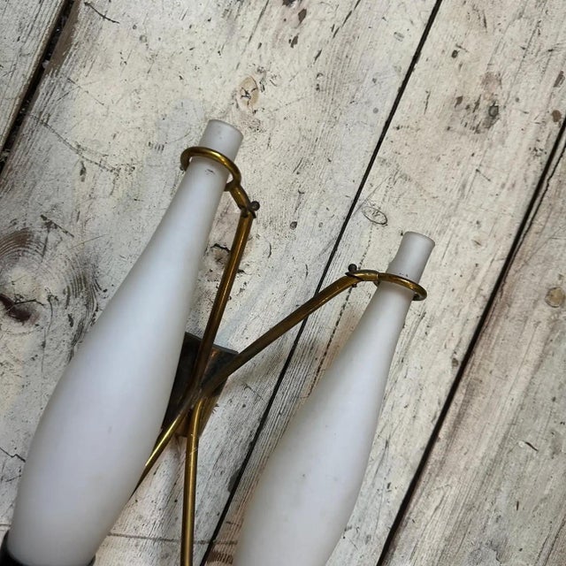 Two 1950s Stilnovo Style Mid-Century Modern Brass and Glass Wall Sconces For Sale - Image 6 of 12